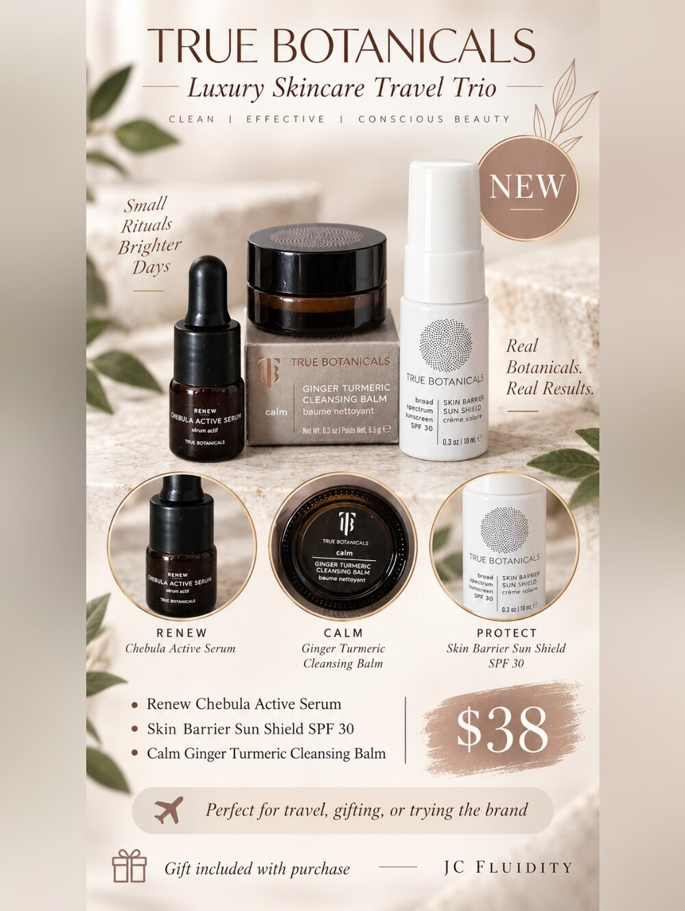 True Botanicals Skincare Travel Trio Chebula Serum SPF Cleansing Balm NEW